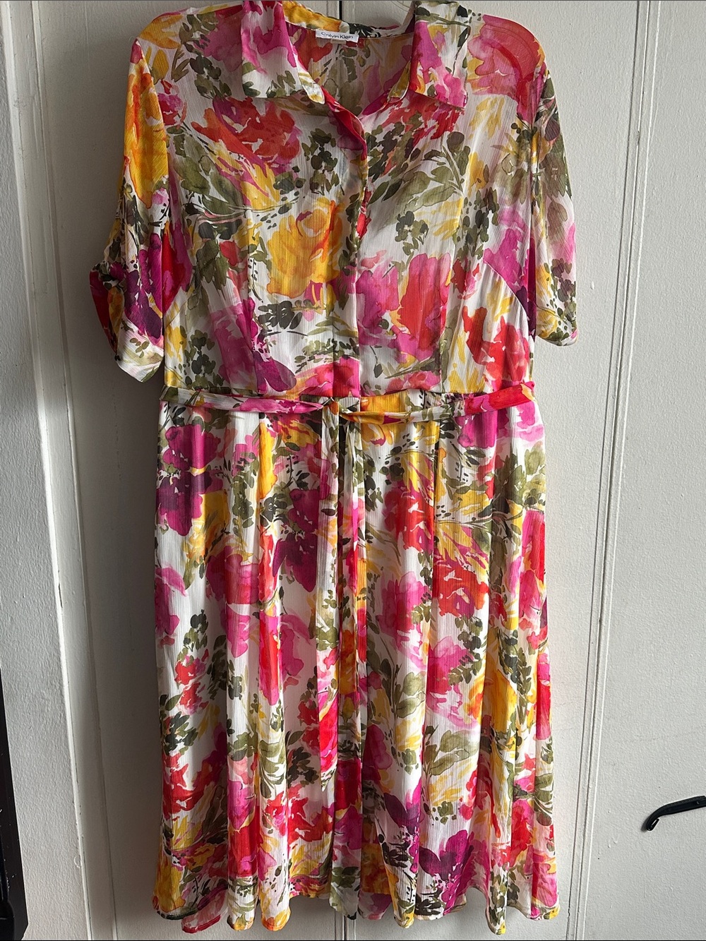 Calvin Klein white ground Floral Button-Front Spring Dress in Pink & Yellow